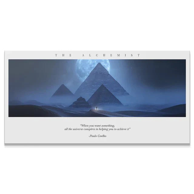 Motivational canvas wall art featuring pyramids at night and 'The Alchemist' Paulo Coelho quote.