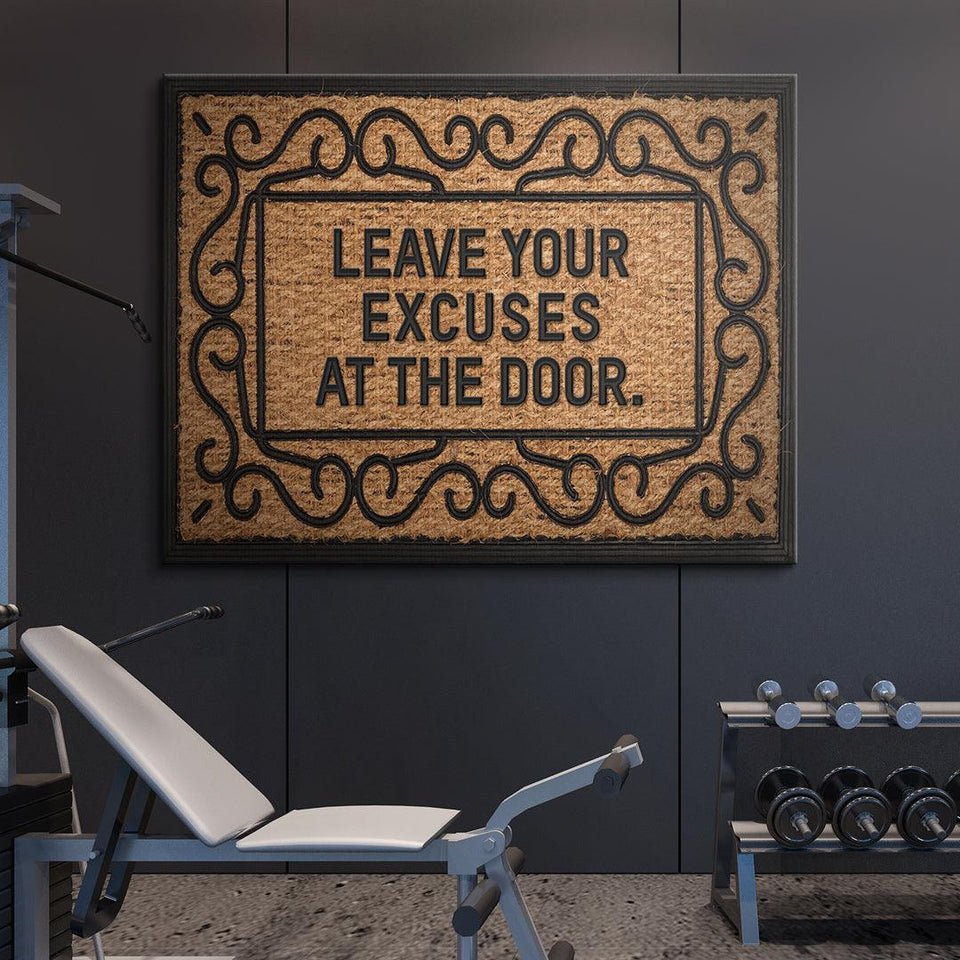 Motivational gym wall art canvas with 'Leave your excuses at the door' quote, fitness decor, weights bench and dumbbells.