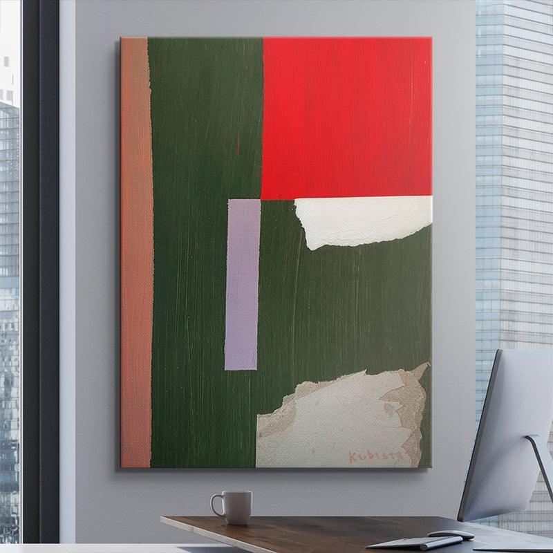 Abstract canvas wall art with bold geometric shapes in red, green, and beige hanging in modern office