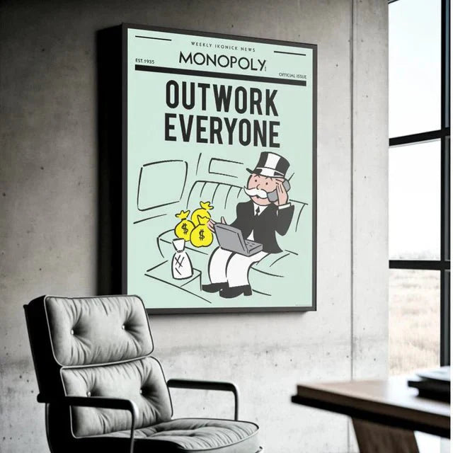 IKONICK canvas wall art featuring Monopoly character with money bags, laptop, and 'Outwork Everyone' quote in a modern room.