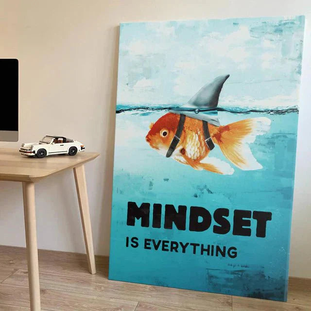 Motivational canvas art of a goldfish with shark fin, text reads 'Mindset is Everything'.