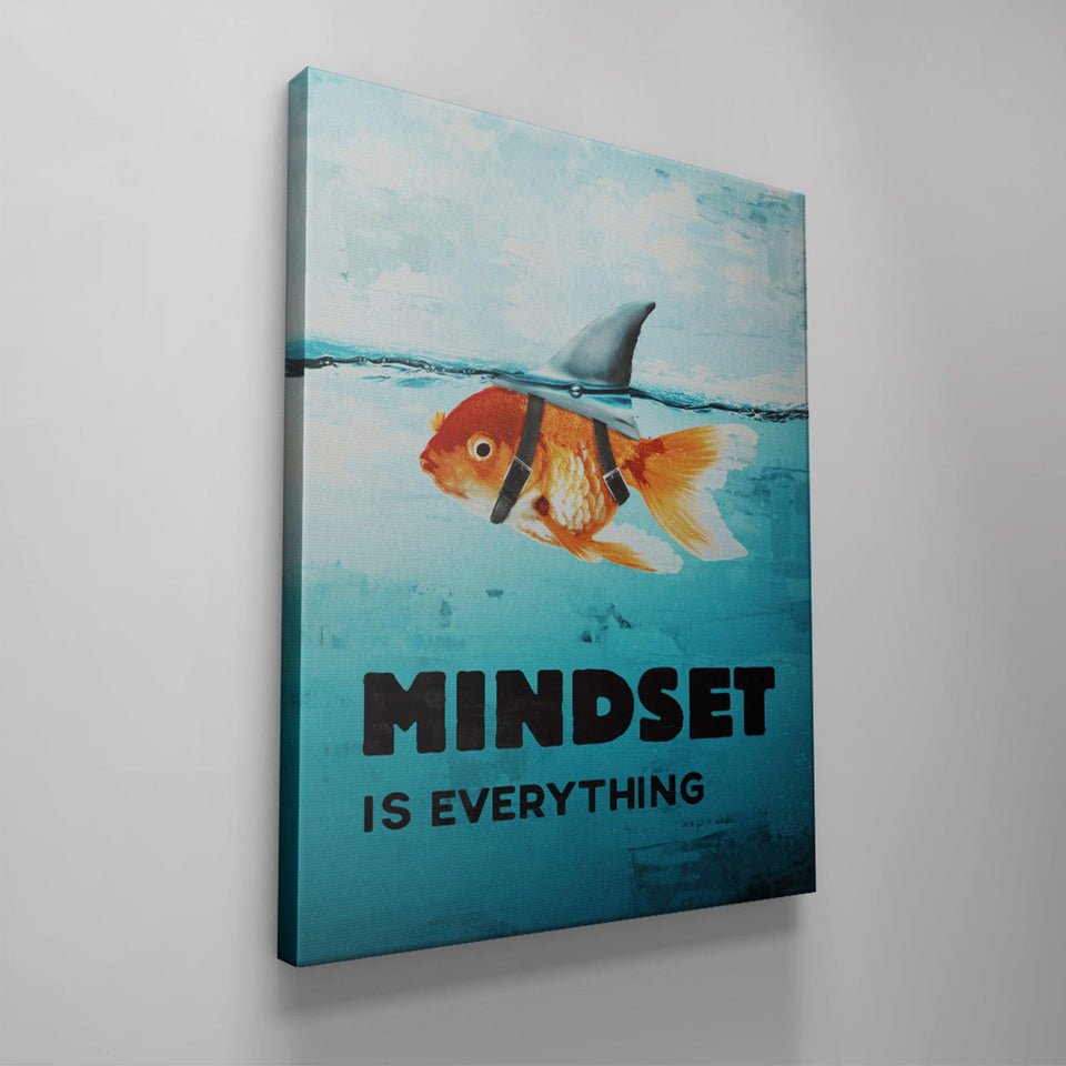 Motivational canvas wall art showing a goldfish with a shark fin and the text 'Mindset is Everything'.