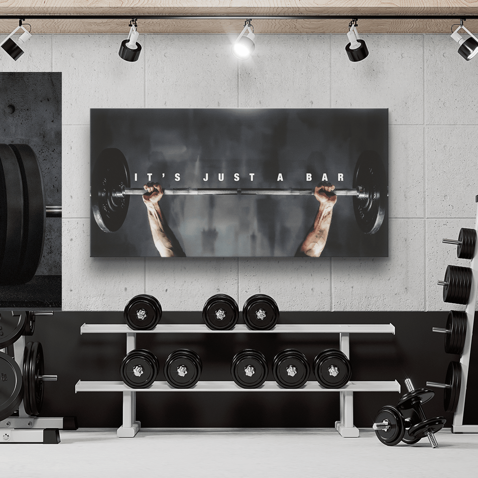 Motivational gym wall art with barbell and 'It's Just a Bar' quote above dumbbells, IKONICK