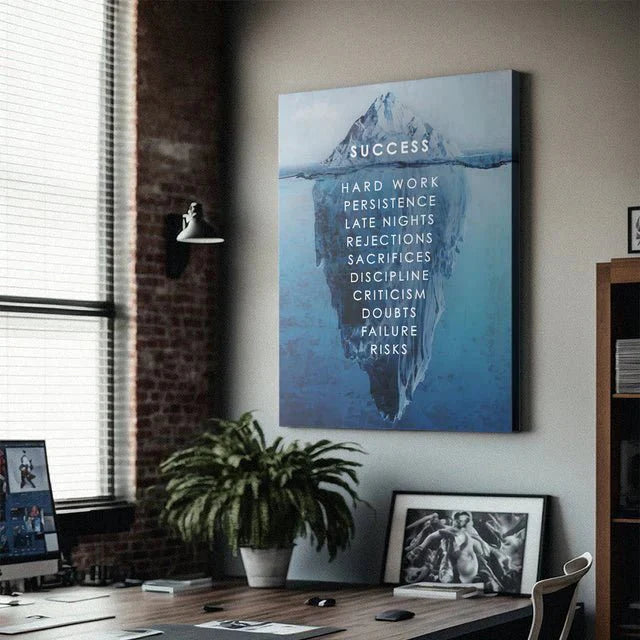 Motivational iceberg canvas wall art with success quotes in modern home office, IKONICK decor