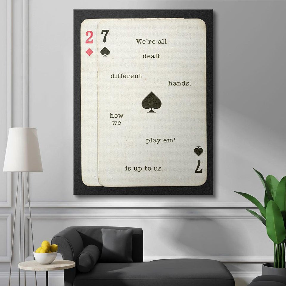 Motivational canvas wall art with playing cards and quote in modern living room, IKONICK decor