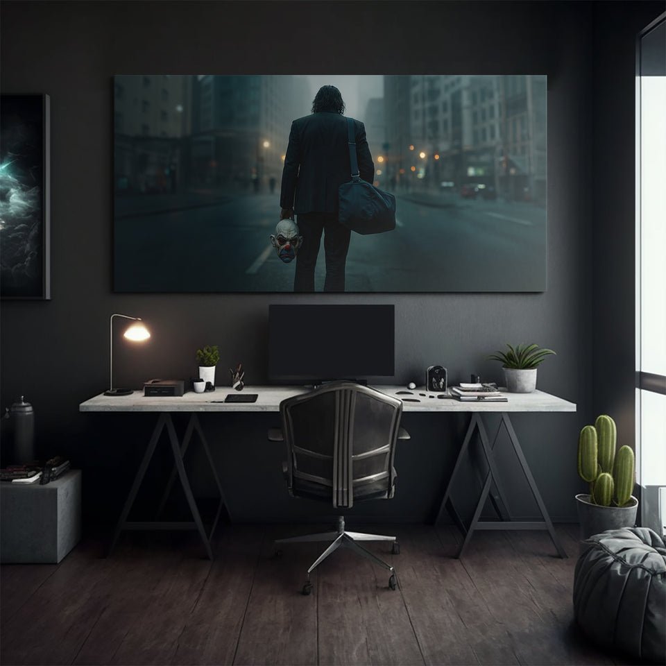 Modern home office with motivational IKONICK canvas wall art, featuring a cityscape scene.