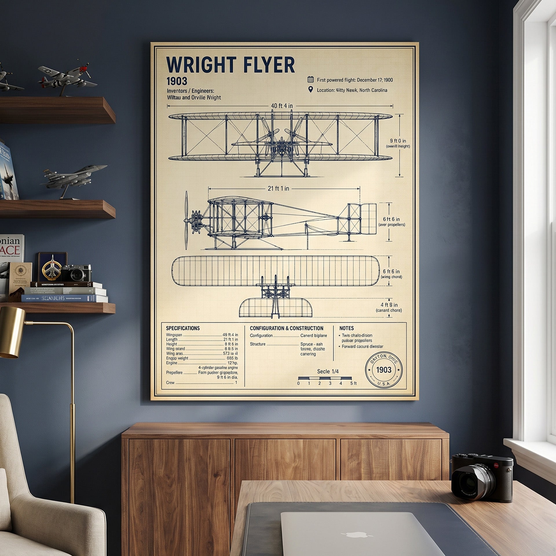 Wright Flyer Blueprint - Official IKONICK Canvas Art