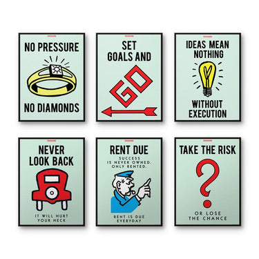 A 6-piece bundle featuring the Monopoly Properties Series. This bundle includes the following Monopoly pieces: No Pressure, Set Goals, Ideas Mean Nothing, Never Look Back, Rent Due, Take The Risk. 